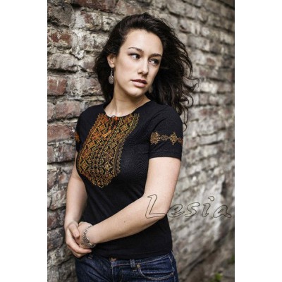 Embroidered t-shirt "Lace - Orange on Black" maxi embroidery